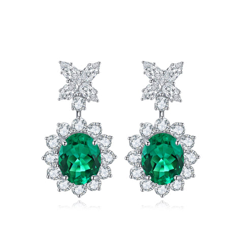 S925 SIlver Cultured Emerald Earrings W 6.96ct