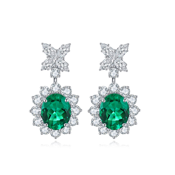 S925 SIlver Cultured Emerald Earrings W 6.96ct