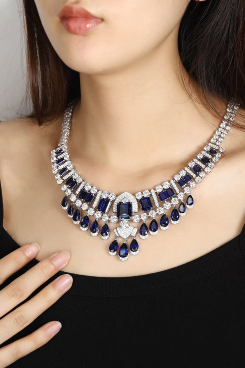 S925 silver synthetic sapphire necklace (JN511Y-A)