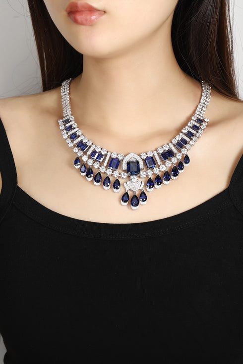 S925 silver synthetic sapphire necklace (JN511Y-A)