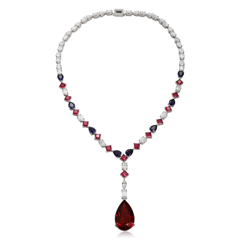 S925 silver synthetic red and blue sapphire necklace (JN18094Y)