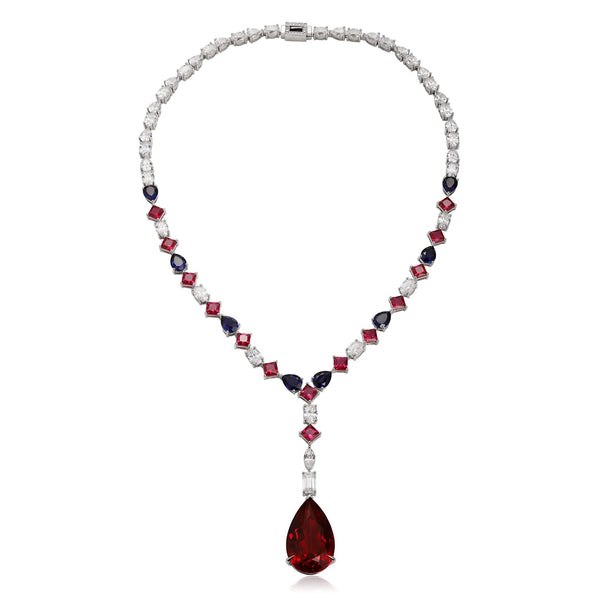S925 silver synthetic red and blue sapphire necklace (JN18094Y)