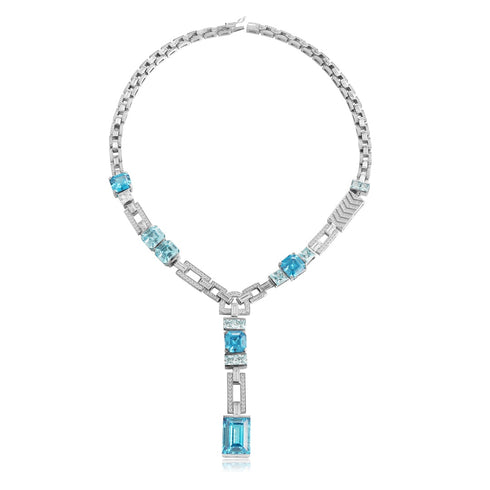 S925 Silver Sea Blue Imitation Diamond Necklace A (PN2156Y)
