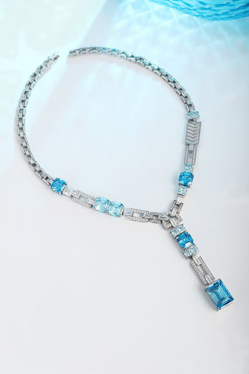 S925 Silver Sea Blue Imitation Diamond Necklace A (PN2156Y)
