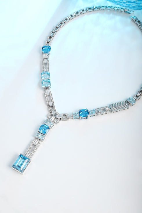 S925 Silver Sea Blue Imitation Diamond Necklace A (PN2156Y)