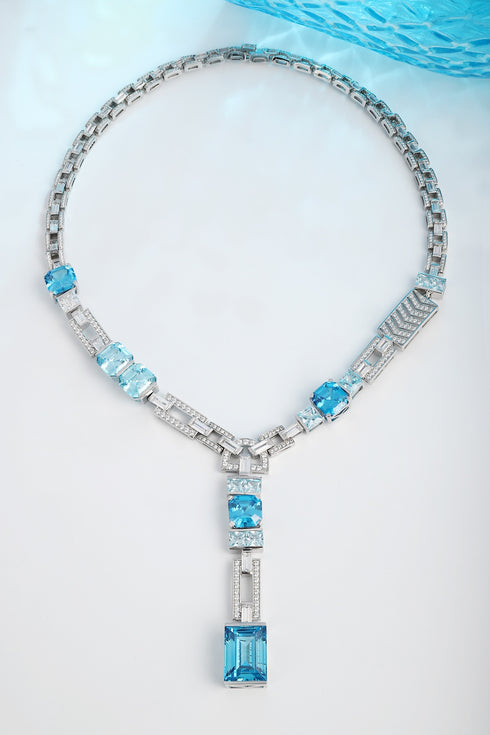 S925 Silver Sea Blue Imitation Diamond Necklace A (PN2156Y)