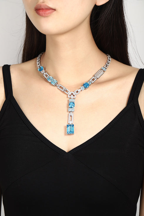 S925 Silver Sea Blue Imitation Diamond Necklace A (PN2156Y)