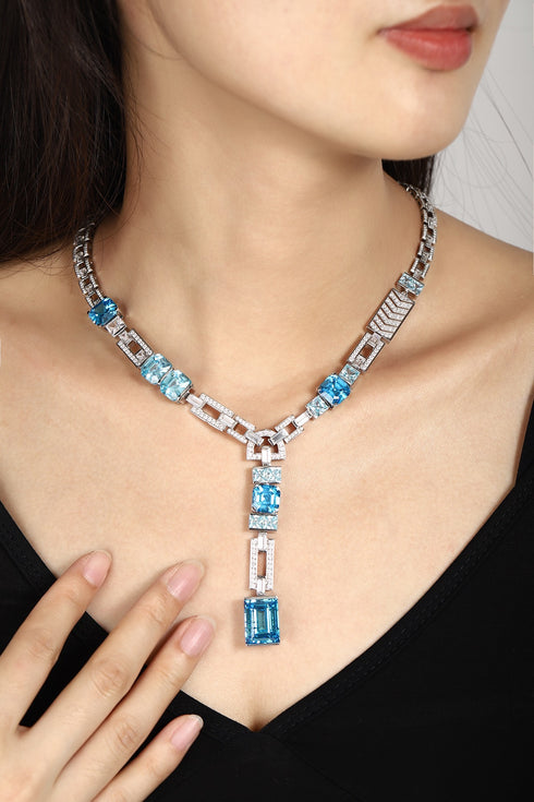 S925 Silver Sea Blue Imitation Diamond Necklace A (PN2156Y)