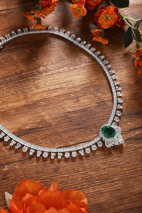 S925 Silver Cultivated Emerald Necklace A (JSEGN2163Y)