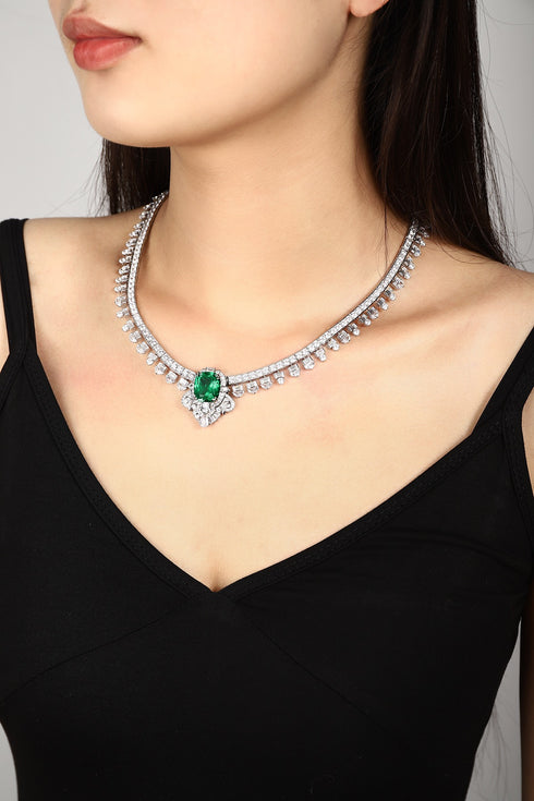 S925 Silver Cultivated Emerald Necklace A (JSEGN2163Y)