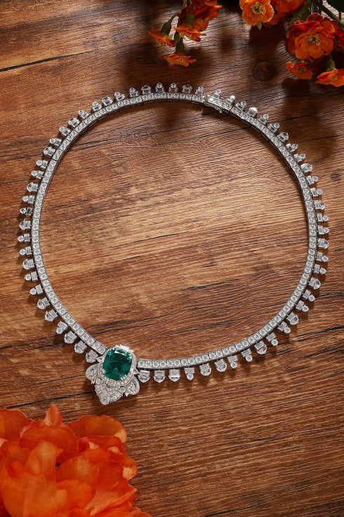 S925 Silver Cultivated Emerald Necklace A (JSEGN2163Y)
