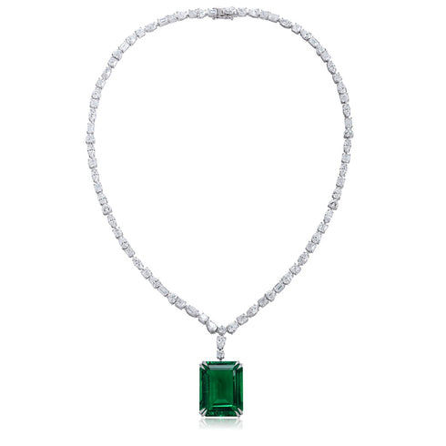 S925 Silver Cultivated Emerald Necklace A (JSEGN2093Y)