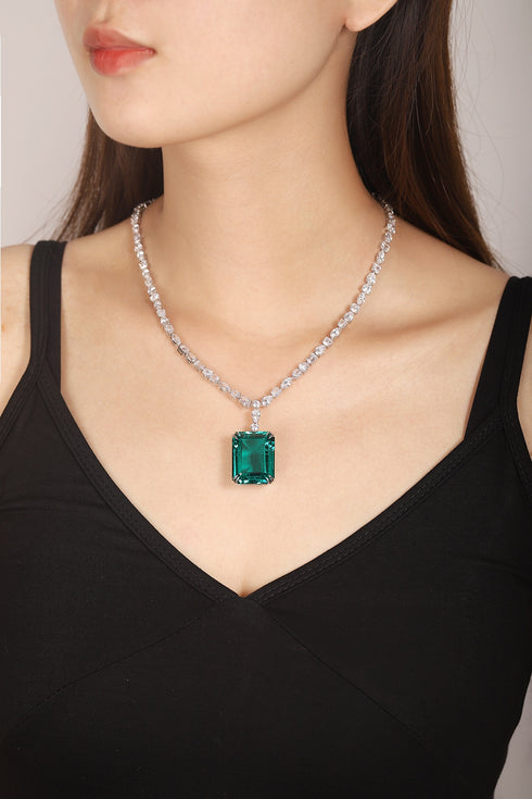 S925 Silver Cultivated Emerald Necklace A (JSEGN2093Y)