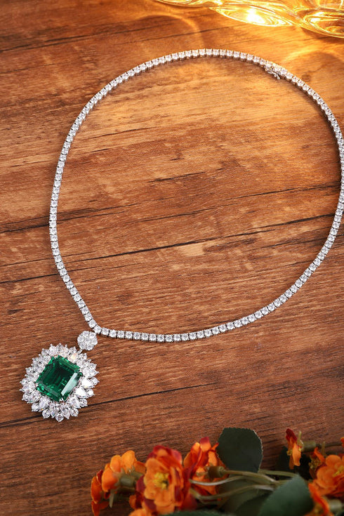 S925 Silver Cultivated Emerald Necklace W (JSEGN2092Y)