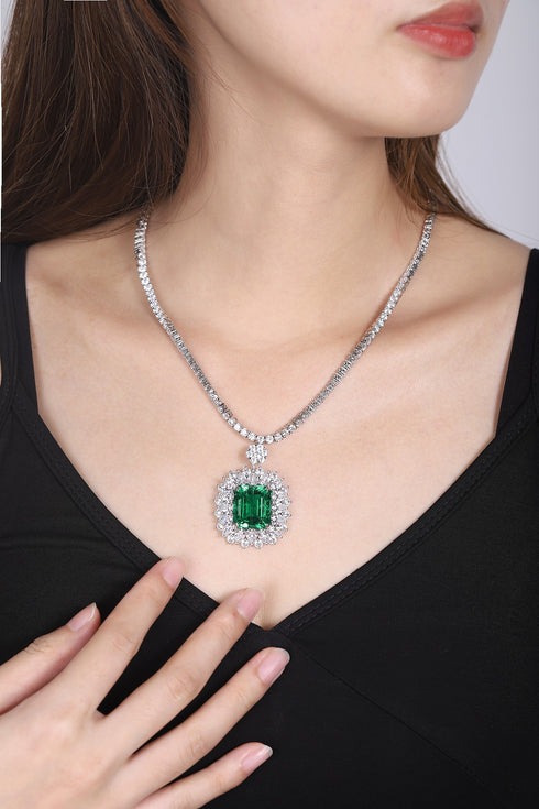 S925 Silver Cultivated Emerald Necklace W (JSEGN2092Y)