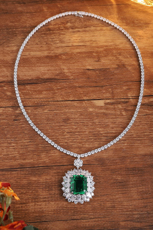 S925 Silver Cultivated Emerald Necklace W (JSEGN2092Y)