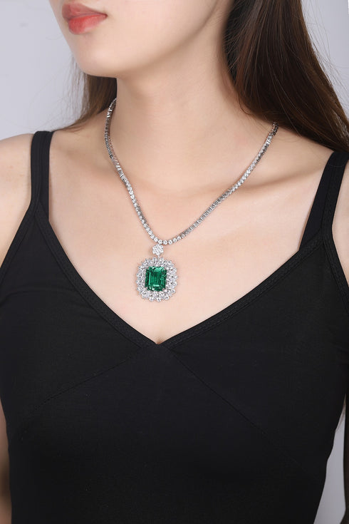 S925 Silver Cultivated Emerald Necklace W (JSEGN2092Y)