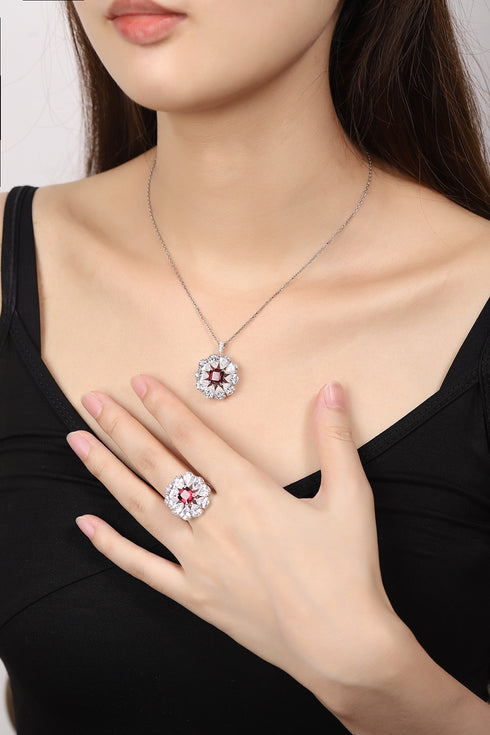 S925 Silver Natural Garnet Ring Necklace W (JN035)