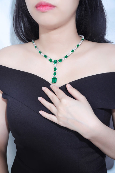 S925 Silver Synthetic Emerald Luxury Set Chain A (PSEGN121Y)